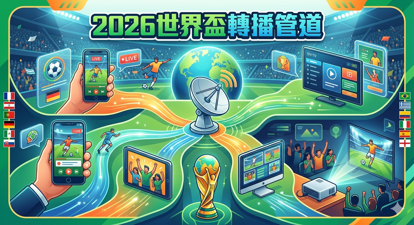 這張圖片展示了2026世界盃足球賽的多種轉播與觀看方式,包含手機、電視與投影設備等多元媒體平台。 畫面中央強調全球化的傳播網絡,並以世界盃獎盃為核心,呈現出精彩賽事同步連線至各地的觀賽體驗。
