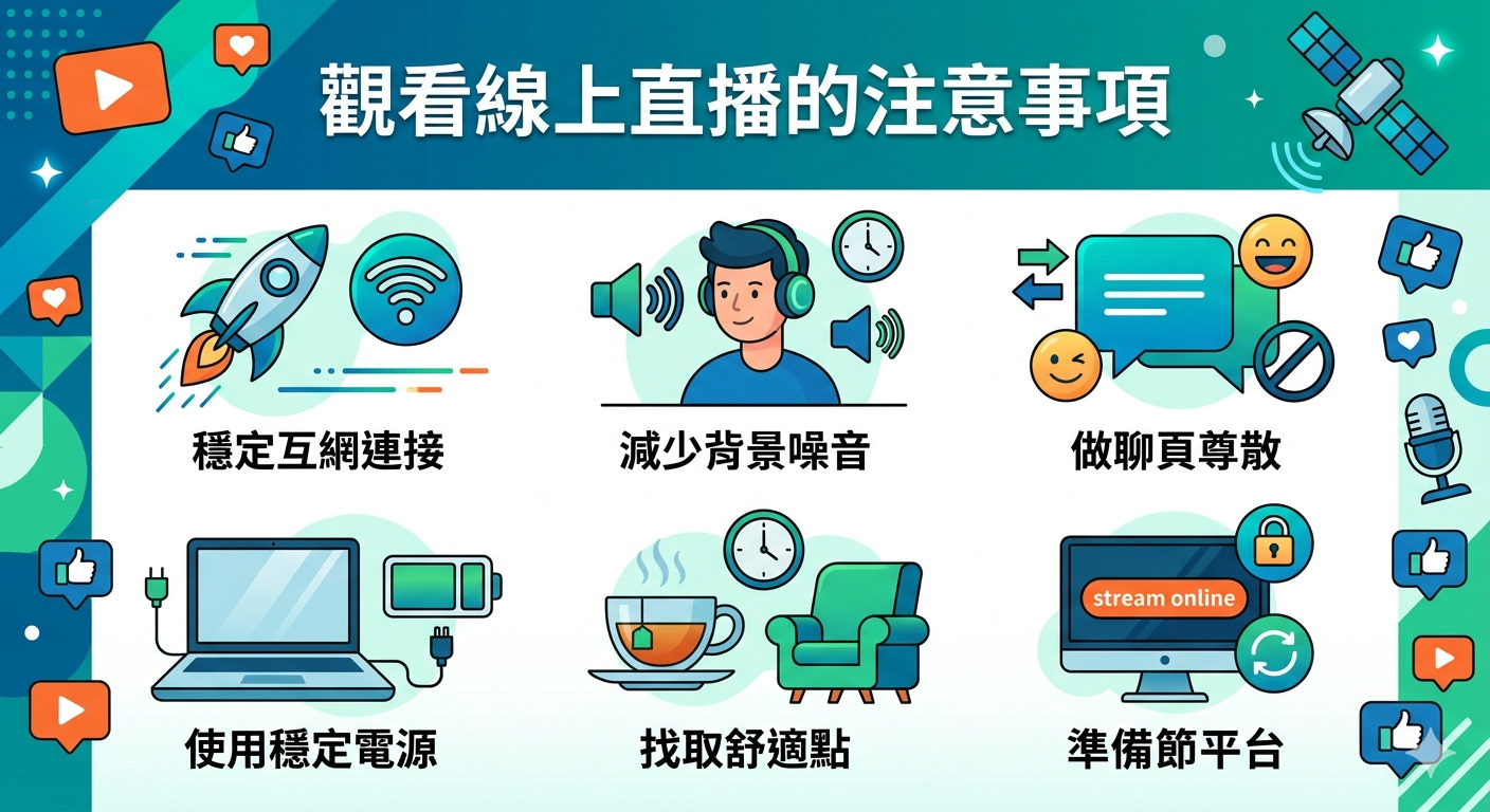 這張圖片以「觀看線上直播的注意事項」為主題,採用簡約且具現代感的插畫風格呈現。 畫面中列出了穩定網路、背景安靜、保持禮貌、電源充足、舒適環境與準備平台等實用建議。