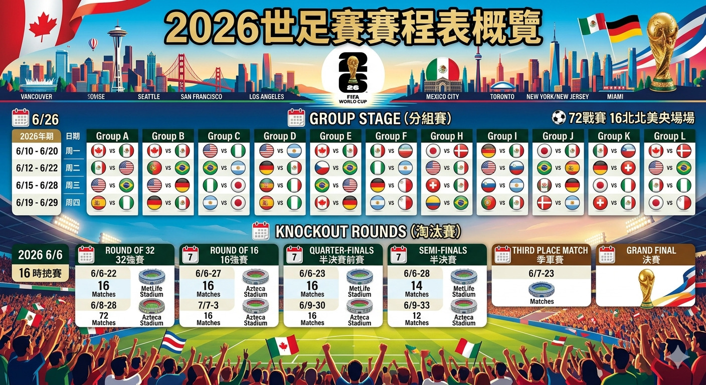 這張圖片呈現了2026年世界盃足球賽的賽程表概覽,背景為比賽城市天際線與充滿熱情的球迷看台。 表格詳細列出了分組賽的對陣安排及淘汰賽階段的賽事流程,視覺設計極具運動賽事感。