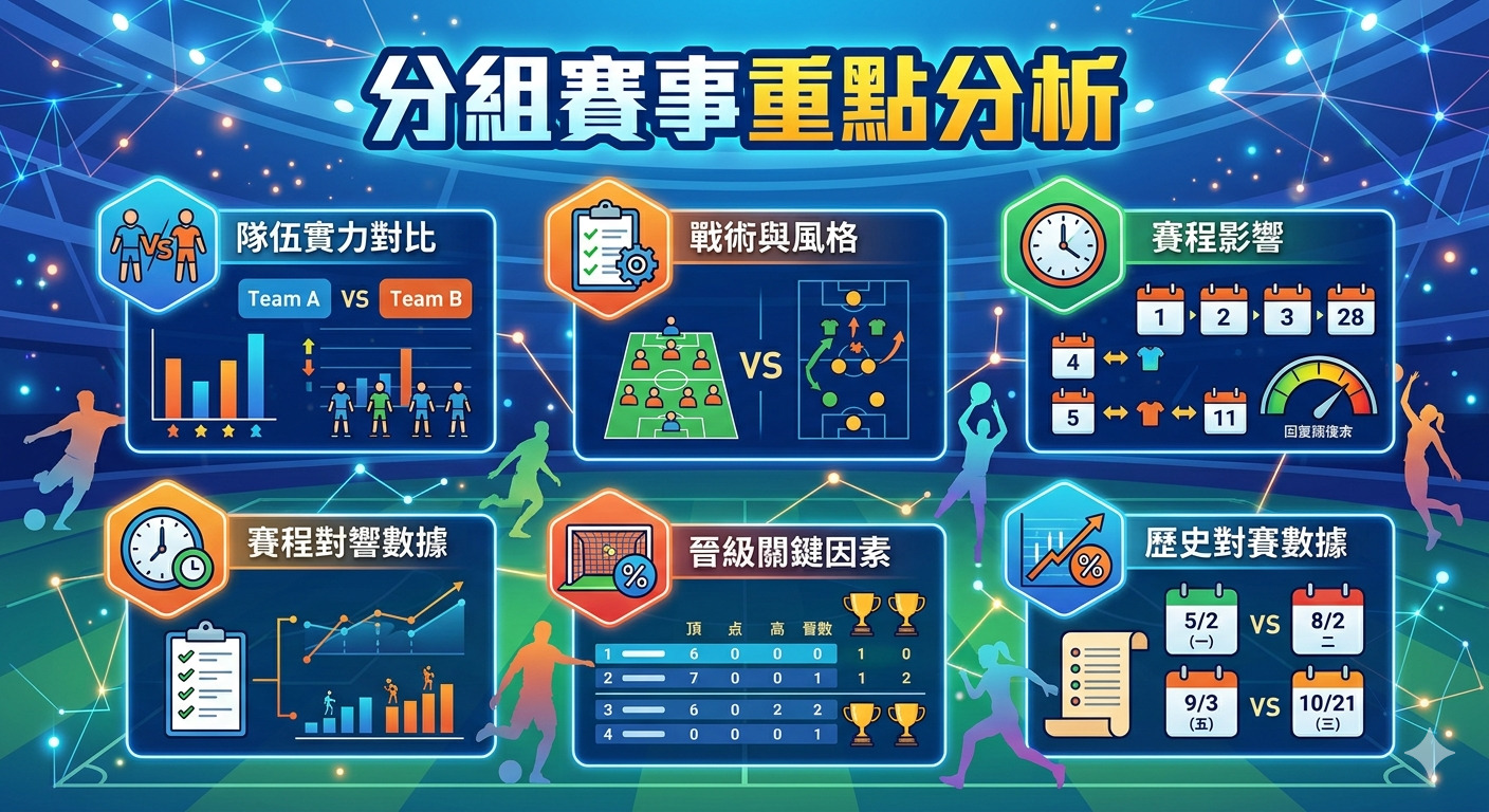 這張圖片以「分組賽事重點分析」為標題,並設計了六個數據分析圖示區塊。 整體風格採用數位科技感的足球場背景,輔以各種統計圖表、賽程表及戰術分析圖。