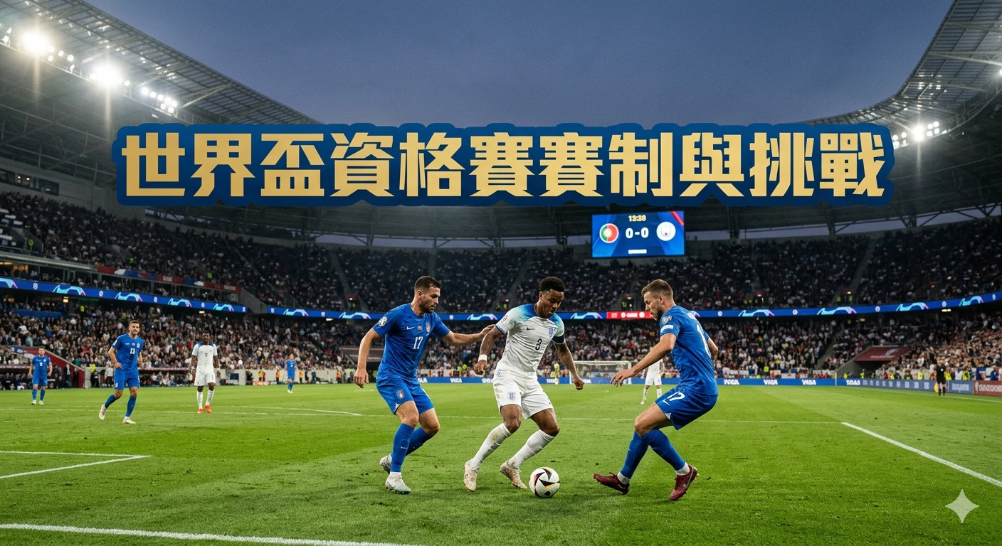 這張圖片展示了一場緊張刺激的足球賽事,球場中央幾名球員正在激烈競爭。 上方標題為「世界盃資格賽賽制與挑戰」,清晰地呈現了比賽的主題。