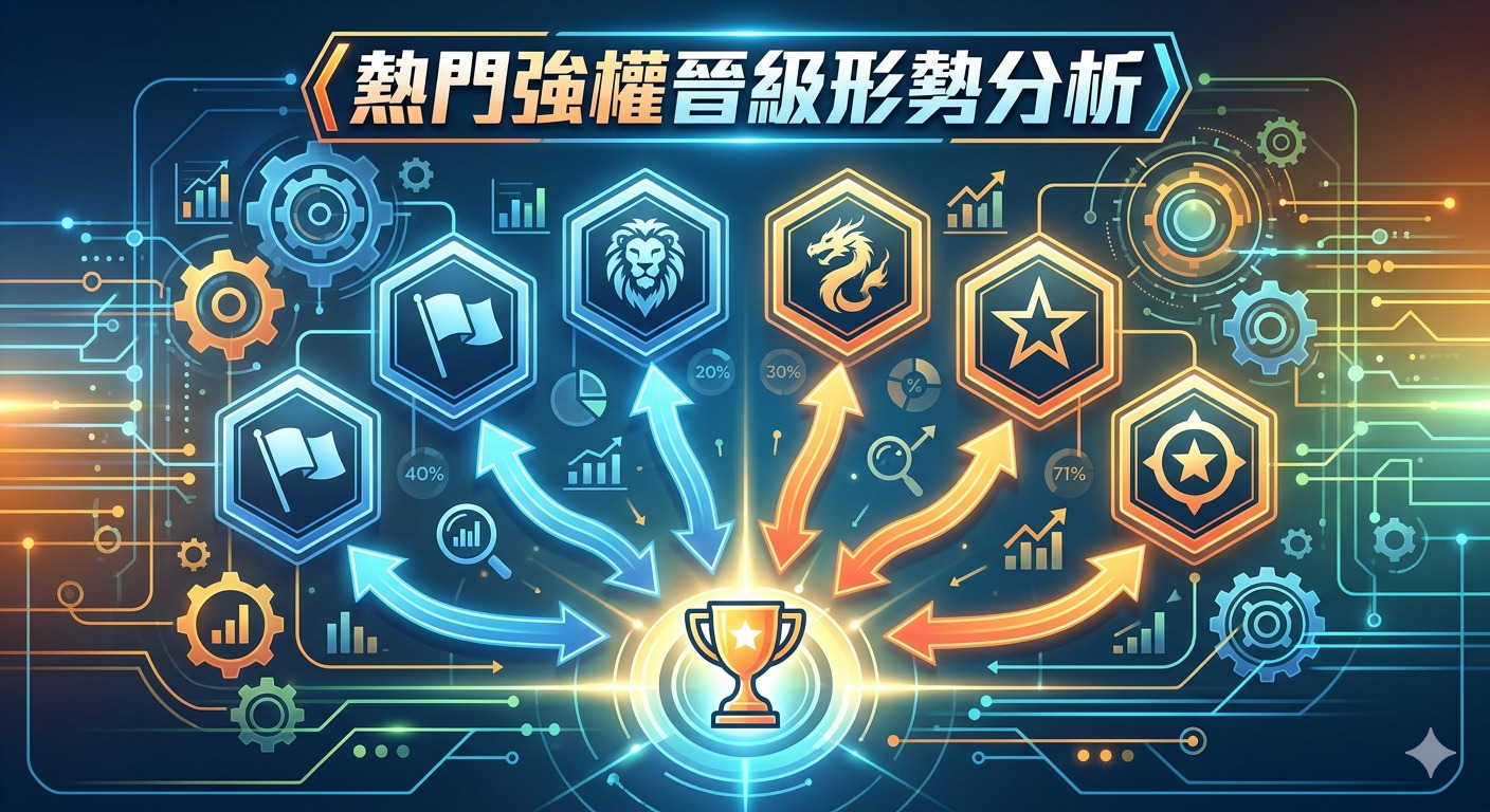 這張圖片以科技感風格呈現「熱門強權晉級形勢分析」,透過六邊形圖示、數據圖表與連結線條展現各方勢力的競爭態勢。 畫面中心設有象徵勝利的獎盃,強調在複雜的分析數據中,各大強權正競相爭奪晉級資格的激烈氛圍。