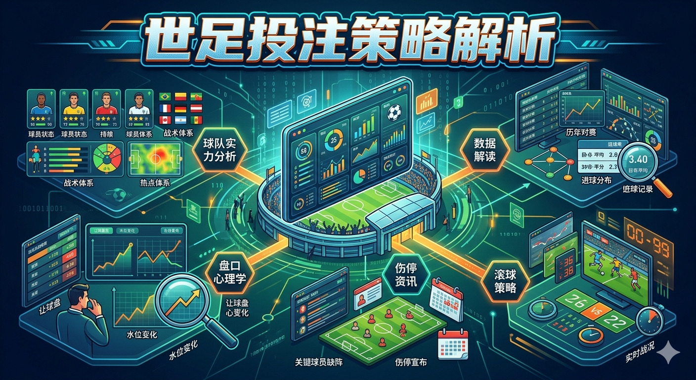 這張圖片以「世足投注策略解析」為標題,呈現了一個結合足球賽事分析與數據科技的視覺化介面。 畫面中整合了球隊戰術分析、水位變化與即時戰況等資訊圖表,展現出專業的投注策略架構。