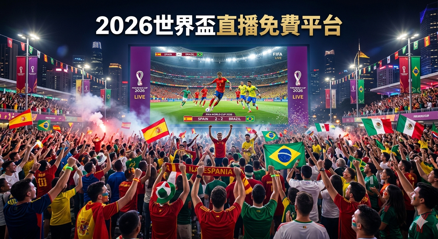 這張圖片展現了數千名熱情的球迷在戶外巨型螢幕前觀看 2026 世界盃足球賽的盛況。 螢幕上顯示著西班牙與巴西對戰的賽況，現場氣氛熱烈，充滿了各國國旗與慶祝的人群。