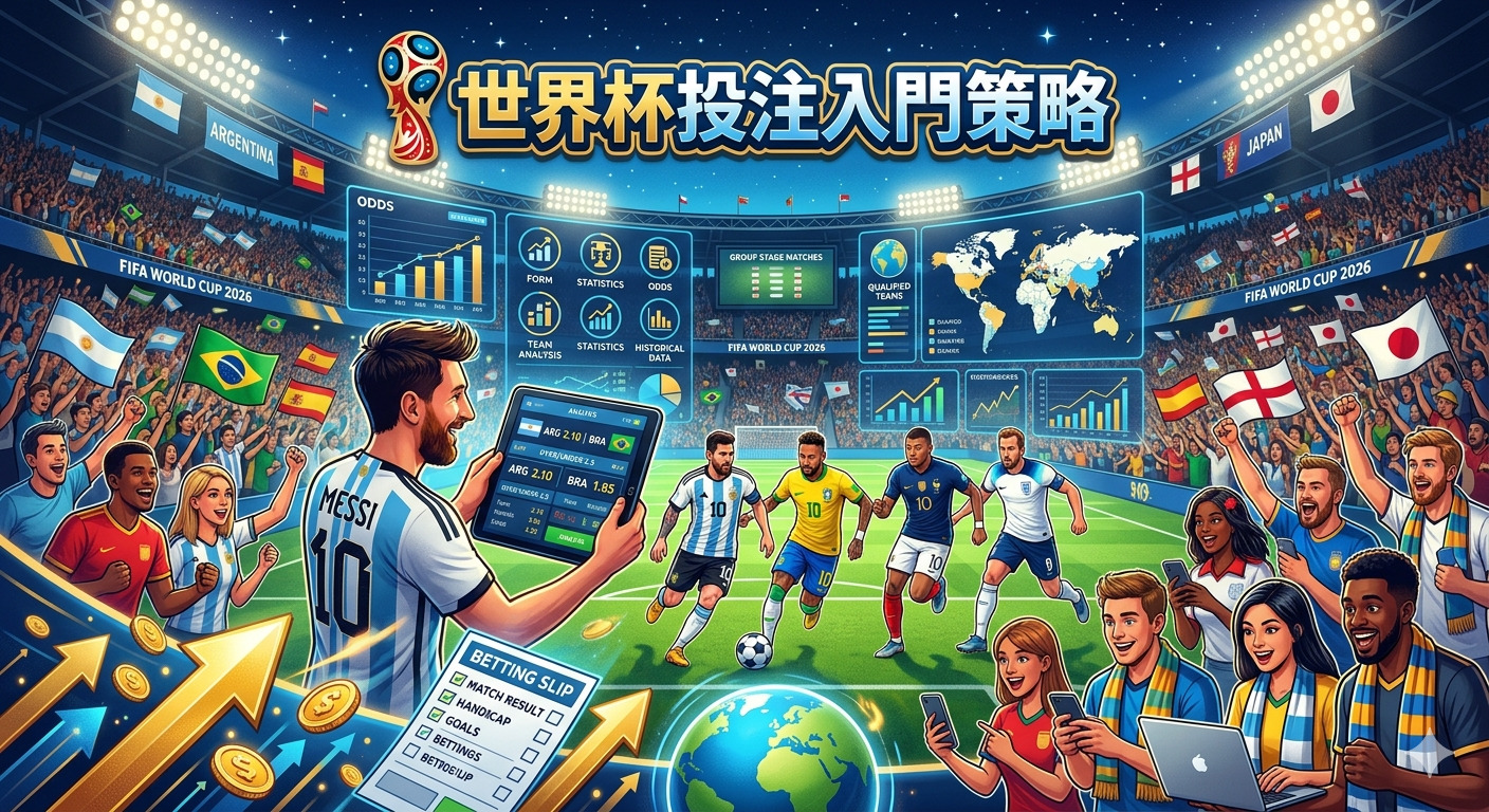 這張圖片以2026年世界盃足球場為背景，展現了足球博彩與賽事數據分析的結合。 畫面中心人物正使用平板電腦查看即時賠率，周圍環繞著激動的球迷與賽場動態，呈現出專業的投注策略氛圍。