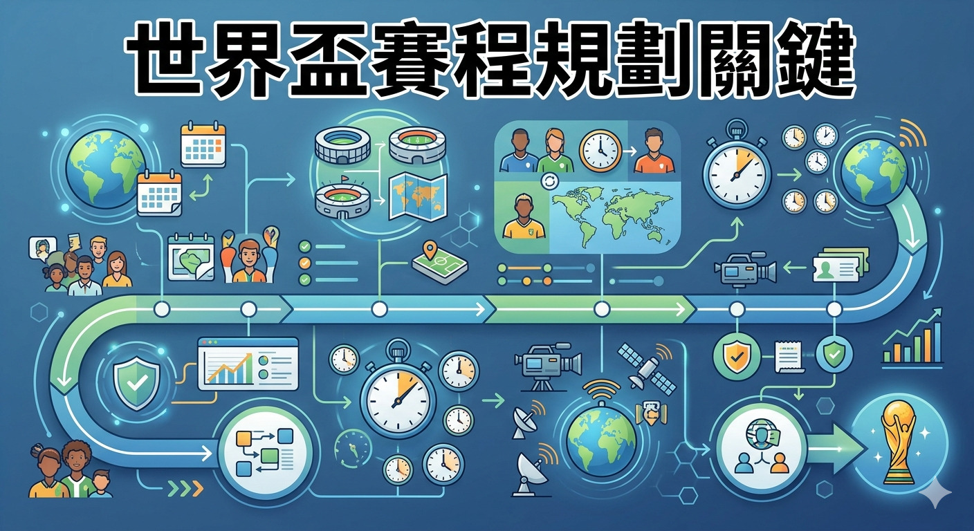 這張圖片以「世界盃賽程規劃關鍵」為標題，透過一系列圖標展現了舉辦賽事所需的複雜物流、時間管理與國際協調流程。 整體設計採用藍色調，將地圖、時鐘、體育場與轉播技術等元素串連成一條完整的規劃動線，最終指向世界盃冠軍獎盃。