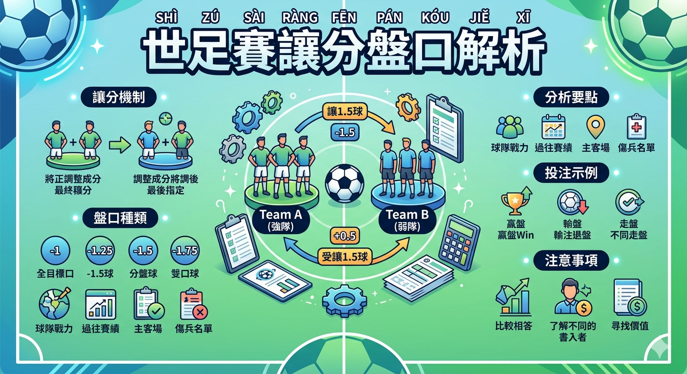 這張圖片以足球場為背景，詳細圖解了世足賽讓分盤口的運作機制與分析要點。 透過球隊對戰示意圖與各類盤口指標，直觀呈現了強弱隊讓分與投注分析的專業資訊。