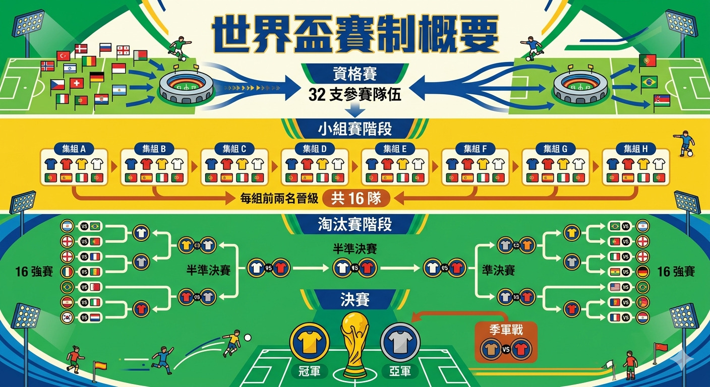 這是一張介紹世界盃賽制流程的資訊圖表，清楚展示了從資格賽、小組賽到淘汰賽及最終決賽的晉級路徑。 圖像以簡潔明瞭的視覺設計，詳盡地呈現了 32 支參賽隊伍爭奪冠軍的完整賽事結構。