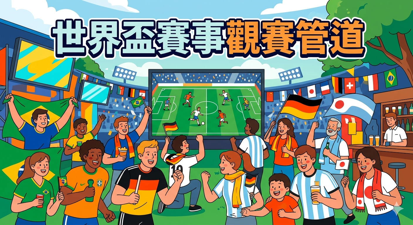 這幅插圖以歡樂的氛圍描繪了人們在觀看足球比賽，標題為「世界盃賽事觀賽管道」。 畫中各國球迷齊聚一堂，興高采烈地慶祝並觀看大螢幕上的足球直播賽事。