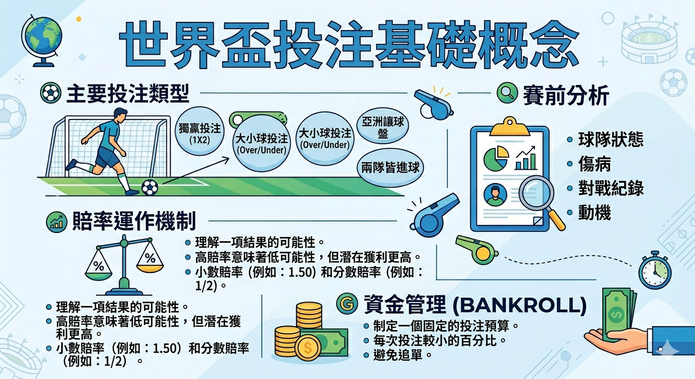 這張圖表說明了世界盃投注的基礎概念，包含主要投注類型、賽前分析要素。 同時也介紹了賠率運作機制與資金管理策略，以幫助理解投注時的關鍵原則。