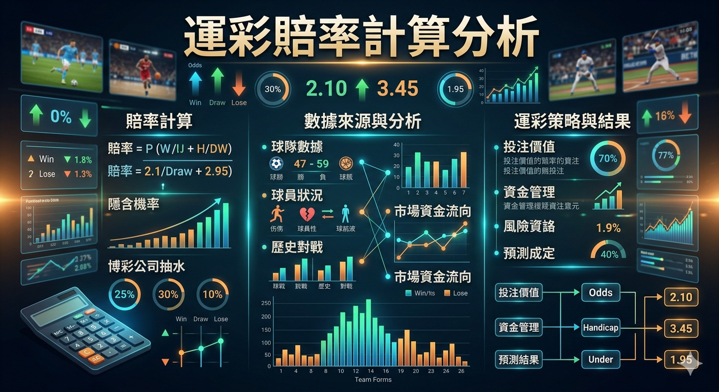 這張圖片呈現了一個關於「運彩賠率計算分析」的專業數據儀表板，整合了運動賽事數據、隱含機率圖表以及財務分析模型。 透過直觀的統計圖表與計算公式，視覺化展示了博弈賠率的計算邏輯、市場資金流向及投注策略的風險評估指標。